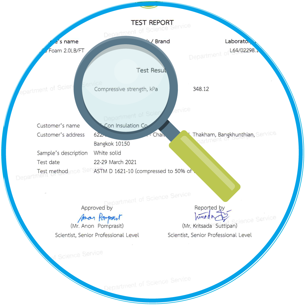 EPS FOAM Compression Test งานวิจัยต่าง ๆ เพื่อให้ลูกค้าได้นำข้อมูลไปใช้งานทั้งทางตรงและทางอ้อมอย่างมีประสิทธิภาพ การทดสอบนี้ได้รับมาตรฐาน จากคณะวิศวกรรมศาตร์มหาวิทยาลัยเทคโนโลยีราชมงคลธัญบุรี ค่าผลทดสอบที่ได้จึงสามารถนำไปอ้างอิง การนำโฟมอีพีเอสไปใช้ในงานต่างๆ ได้