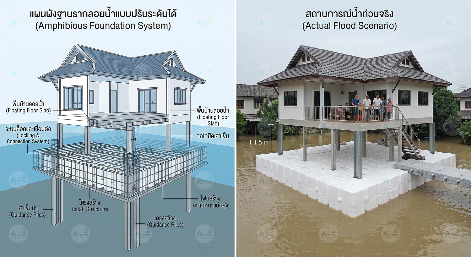 อินโฟกราฟิกแสดงแผนผังและสถานการณ์จริงของฐานรากลอยน้ำสำหรับบ้านเรือนด้วยระบบโฟม EPS
