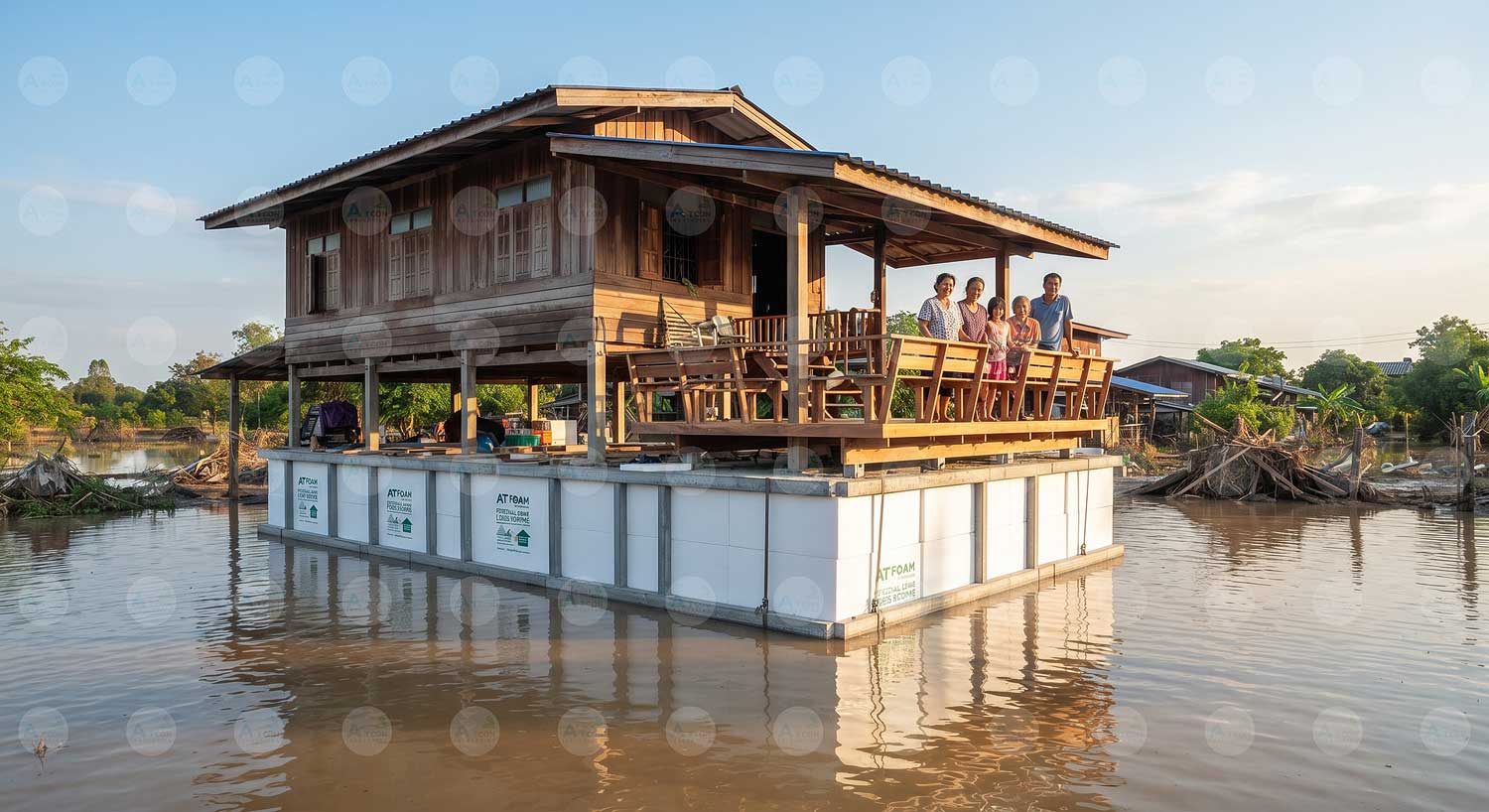 ภาพบ้านไม้ไทยแบบดั้งเดิมได้รับการปรับปรุงเป็น 'บ้านสะเทินน้ำ' (Amphibious House) ด้วยฐานทุ่นบล็อกโฟม EPS จาก เอทีโฟม (AT Foam) สามารถลอยตัวเหนือระดับน้ำท่วมขังได้จริง พร้อมครอบครัวยืนอยู่บนระเบียงด้วยความปลอดภัย สะท้อนการปรับตัวต่อภัยพิบัติอย่างยั่งยืน