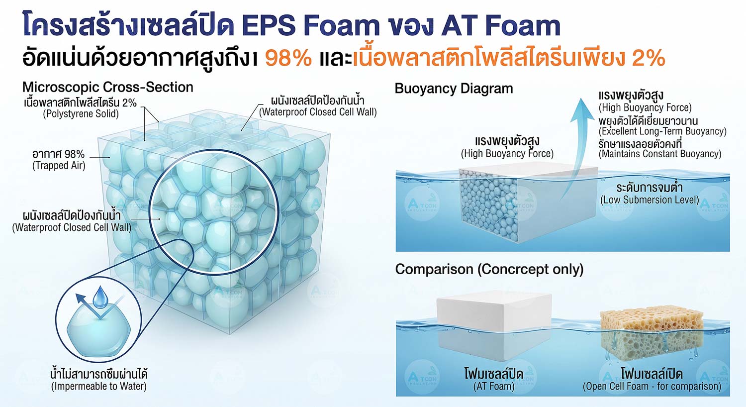 อินโฟกราฟิกแสดงโครงสร้างเซลล์ปิด (Closed-Cell Structure) ของ AT Foam EPS ประกอบด้วยอากาศ 98% และพลาสติก 2% ทำให้น้ำไม่ซึมผ่านและพยุงตัวได้ยาวนาน
