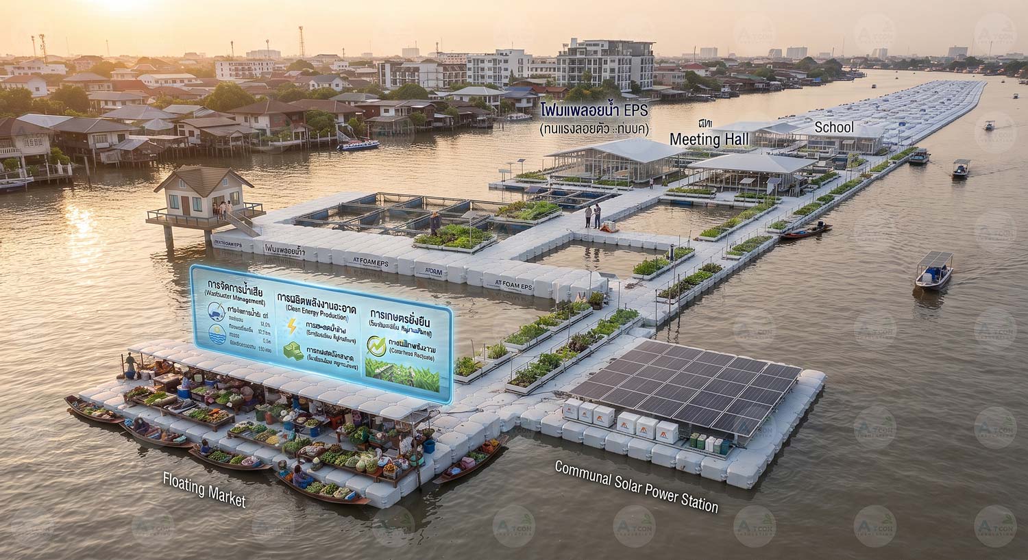 ภาพมุมสูงของชุมชนลอยน้ำขนาดใหญ่บนแม่น้ำในประเทศไทย สร้างด้วยโฟมแพลอยน้ำ EPS ของ AT Foam ประกอบด้วยตลาดน้ำ โรงเรียน และสถานีผลิตไฟฟ้าพลังงานแสงอาทิตย์ชุมชน