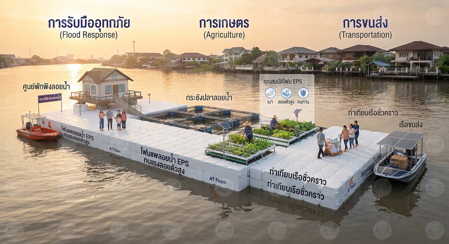 อินโฟกราฟิกแสดงการใช้งานโฟมแพลอยน้ำอเนกประสงค์ (EPS Floating Raft) จาก AT FOAM ทั้งด้านการรับมืออุทกภัย การเกษตร และการขนส่งทางน้ำ