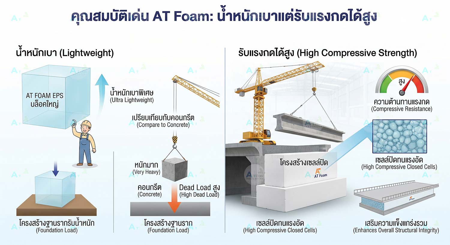 อินโฟกราฟิกเปรียบเทียบ AT FOAM EPS กับคอนกรีต แสดงคุณสมบัติน้ำหนักเบาพิเศษแต่รับแรงกดได้สูง ช่วยลด Dead Load ของโครงสร้าง