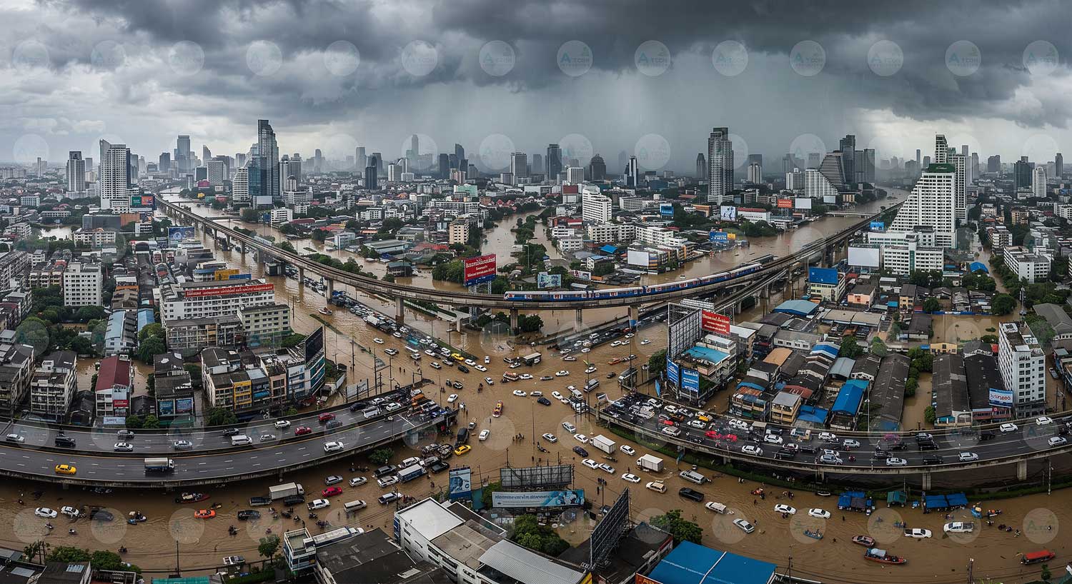 ภาพมุมสูงมุมกว้างแสดงสถานการณ์วิกฤตน้ำท่วมกรุงเทพมหานคร น้ำท่วมขังถนนสายหลักและพื้นที่ชุมชนเมืองท่ามกลางฟ้าครึ้มฝนตกหนัก สะท้อนปัญหาอุทกภัยและผลกระทบต่อการจราจร