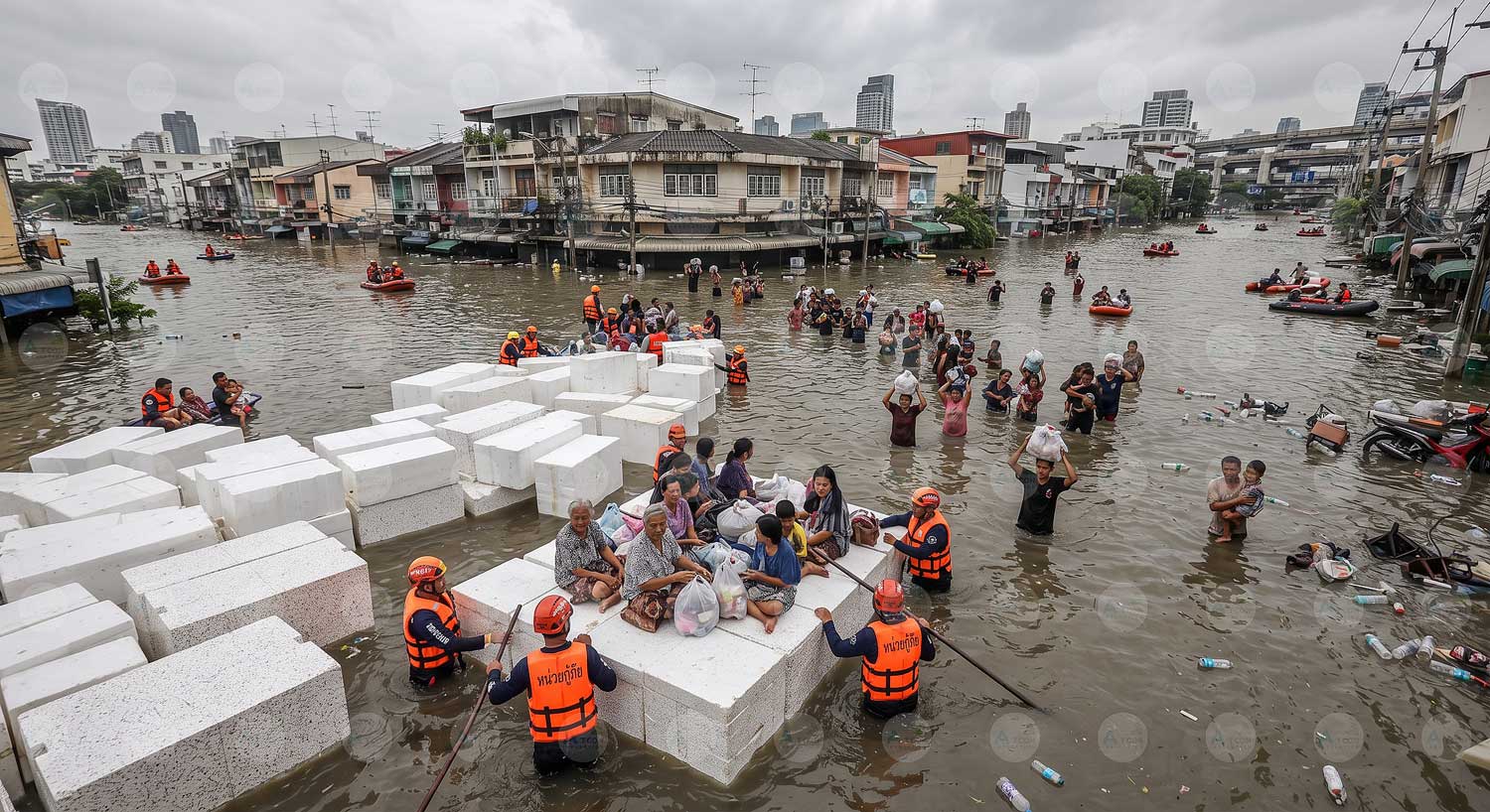 ภาพมุมกว้างภารกิจอพยพผู้ประสบภัยน้ำท่วม ใช้แพโฟม EPS ขนาดใหญ่จาก เอทีโฟม (AT Foam) พร้อมเจ้าหน้าที่กู้ภัยและประชาชนที่กำลังเดินลุยน้ำรอความช่วยเหลือ
