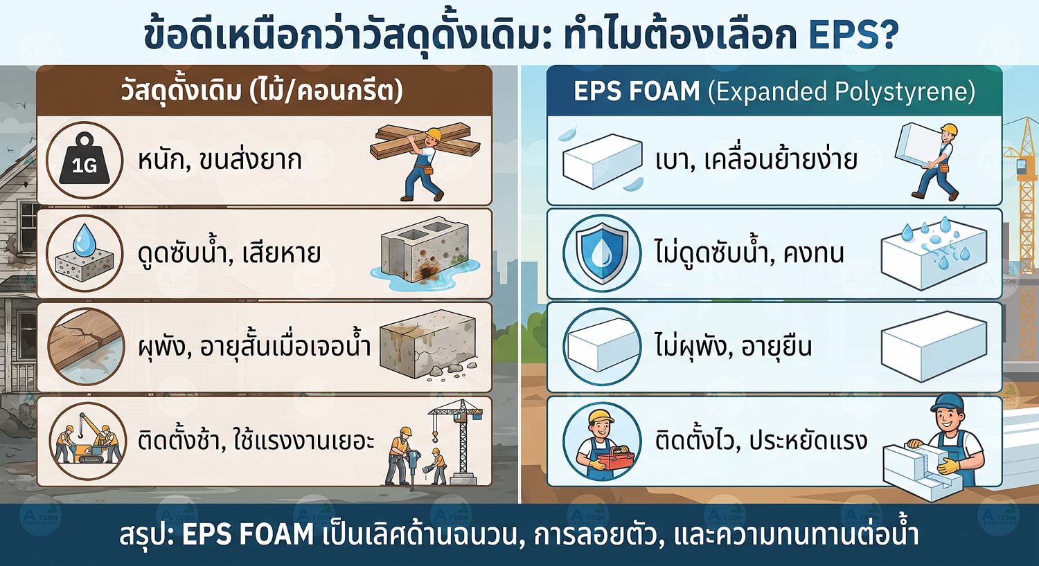อินโฟกราฟิกเปรียบเทียบข้อดี EPS FOAM กับวัสดุดั้งเดิม ด้านการกันน้ำและความทนทาน