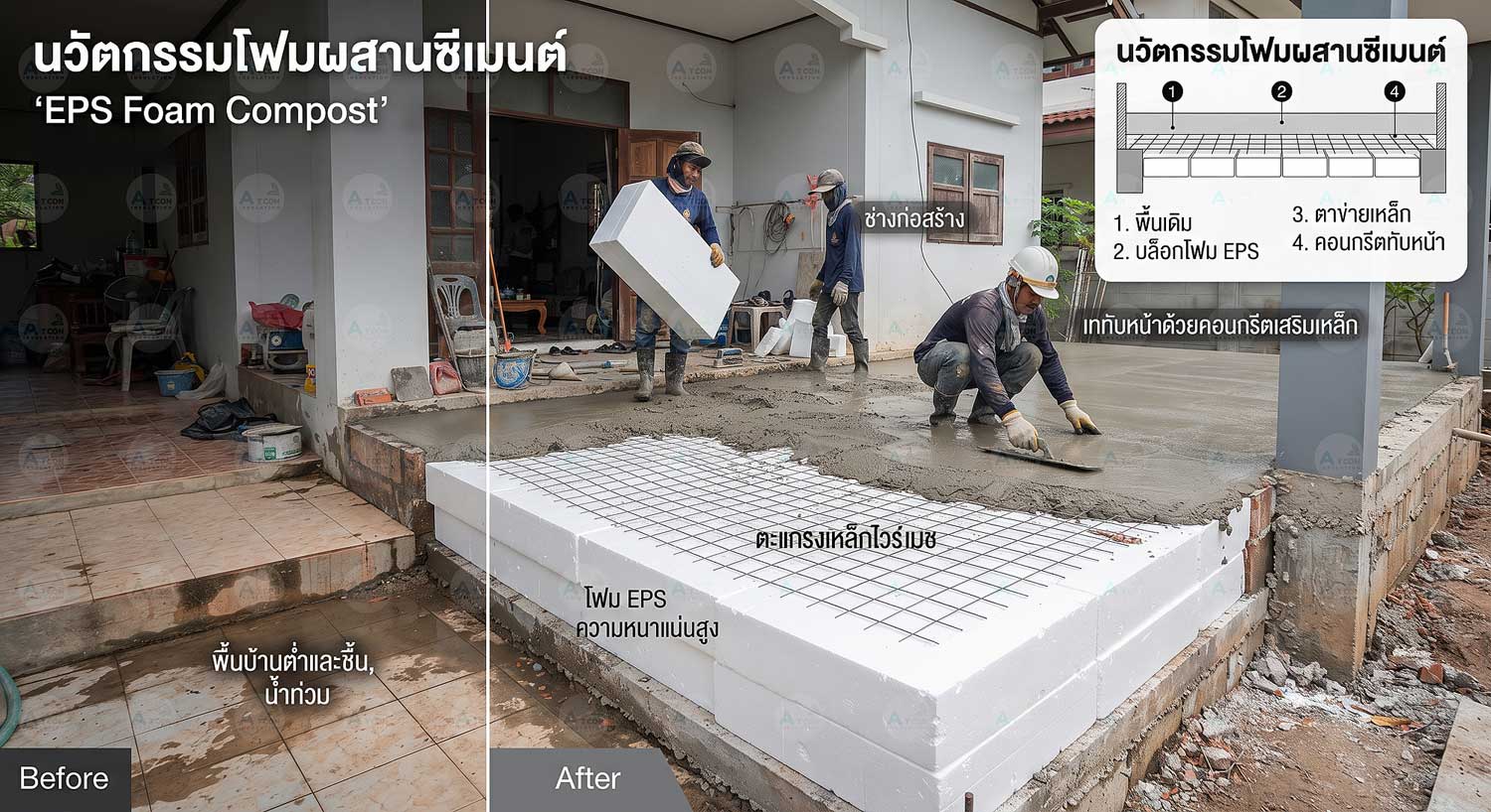 ภาพเปรียบเทียบ Before-After การรีโนเวทยกพื้นบ้าน โดยใช้โฟม EPS ความหนาแน่นสูงแทนการถมดิน เสริมด้วยตะแกรงเหล็กไวร์เมชและเททับหน้าด้วยคอนกรีต เพื่อแก้ปัญหาพื้นบ้านต่ำและน้ำท่วม พร้อมไดอะแกรมแสดงขั้นตอนการทำงาน นวัตกรรมการก่อสร้างสมัยใหม่