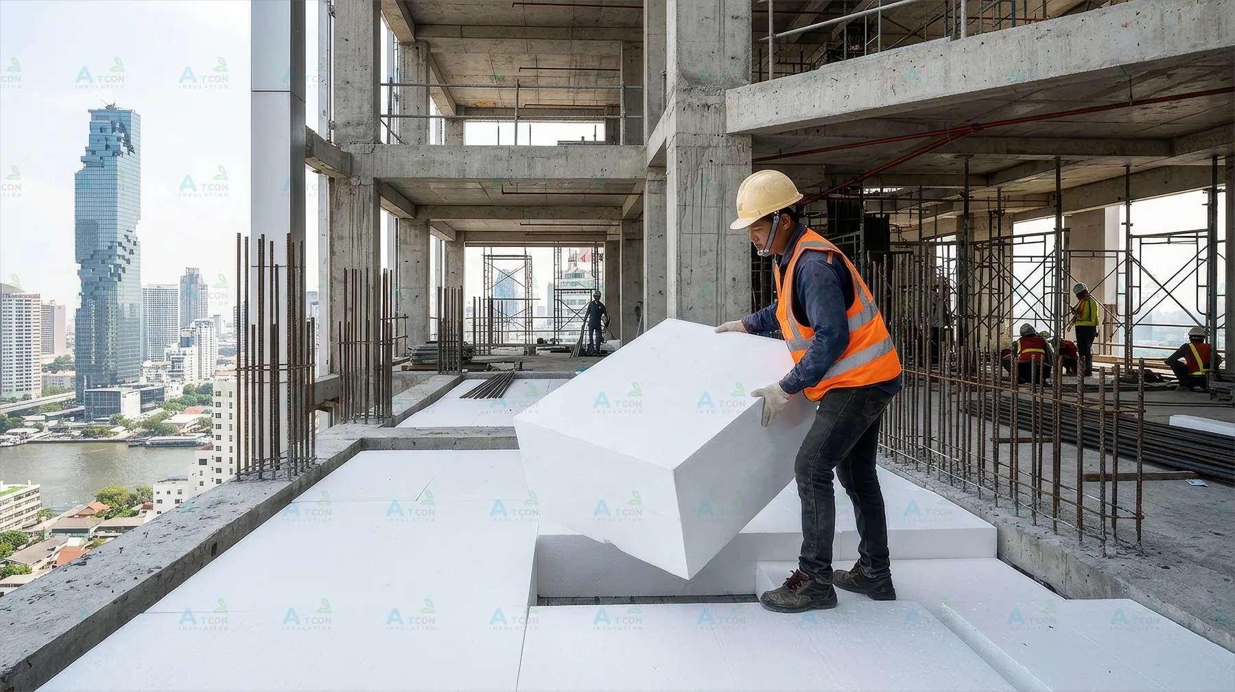 คนงานกำลังติดตั้ง EPS Foam ของเอ.ที.โฟม เพื่อลดน้ำหนักโครงสร้างอาคารสูง