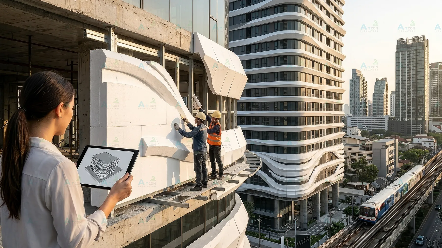 ถาปนิกตรวจสอบงานตกแต่ง Facade อาคารสูงรูปทรงโค้งมนจาก EPS Foam