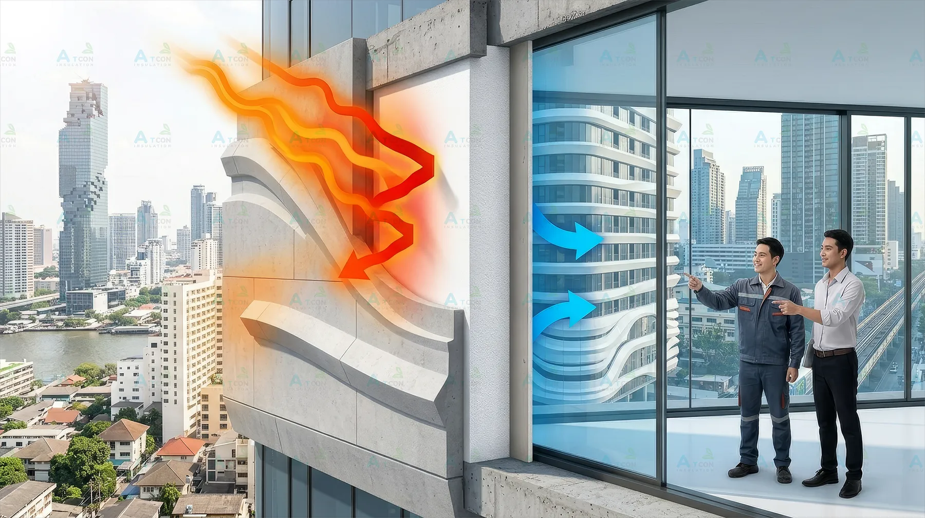 กราฟิกแสดงประสิทธิภาพฉนวนกันความร้อนของ EPS Foam ในผนังอาคารสูง