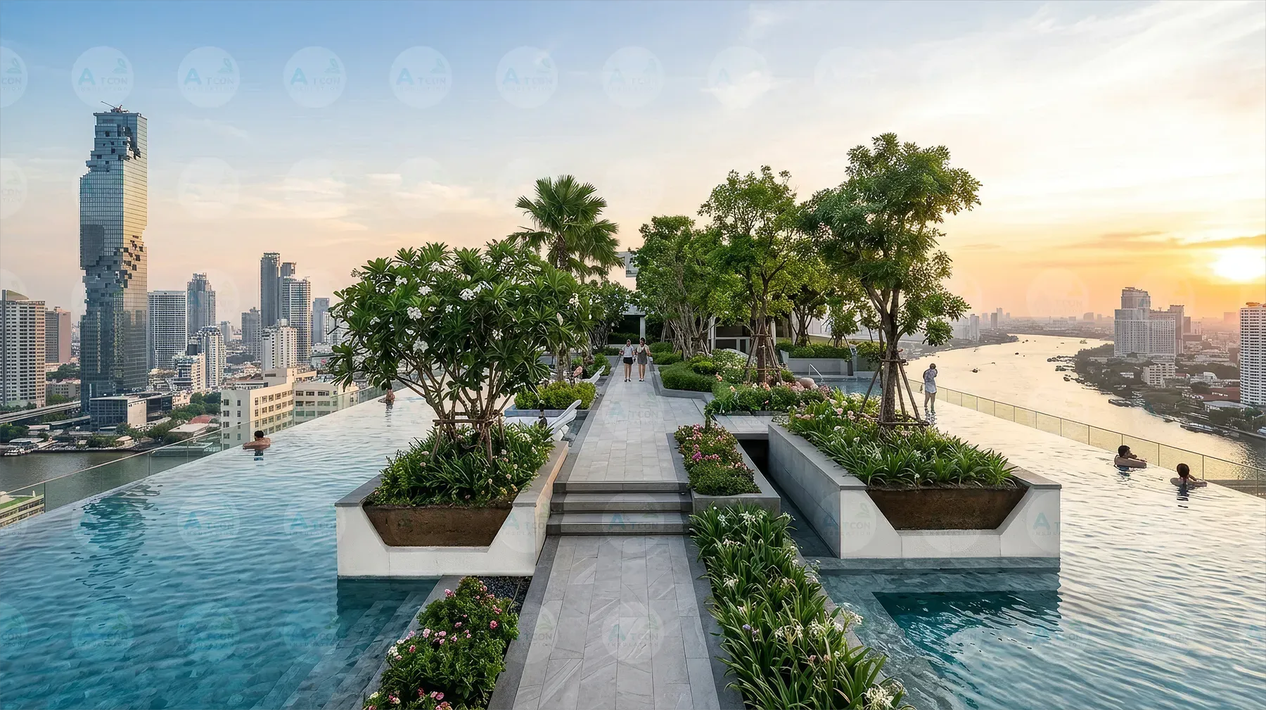 สวนสวยและสระว่ายน้ำบนดาดฟ้าอาคารสูงที่ใช้ EPS Geofoam เป็นฐาน