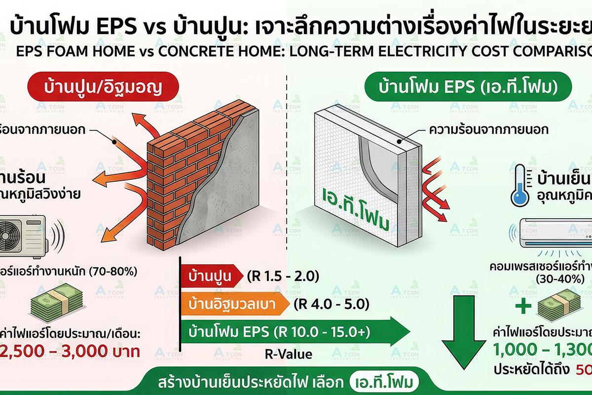 อินโฟกราฟิกเปรียบเทียบค่า R-Value กันความร้อน ระหว่างผนังบ้านปูน (ต่ำ) และผนังโฟม EPS ของ เอ.ที.โฟม (สูงมาก) พร้อมตัวเลขแสดงการประหยัดค่าไฟแอร์