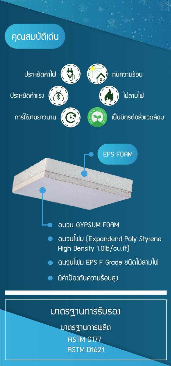 ·ยิปซั่มโฟม... ติดตั้งเเล้วได้อะไร? ·โฟมอีพีเอส 1. ประหยัดค่าไฟ 2. ทนความร้อน 3. ประหยัดค่าเเรง 4. ไม่ลามไฟ 5. ระยะการใช้งานยาวนาน 6. เป็นมิตรต่อสิ่งเเวดล้อม ผลิตเเละจำหน่ายโดย บริษัท เอ.ที.คอน อินซูเลชั่น จำกัด