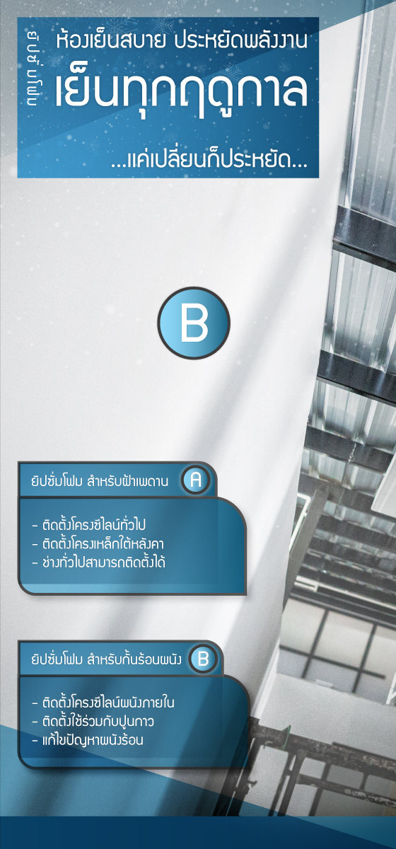 ·ยิปซั่มโฟม... ติดตั้งเเล้วได้อะไร? ·โฟมอีพีเอส 1. ประหยัดค่าไฟ 2. ทนความร้อน 3. ประหยัดค่าเเรง 4. ไม่ลามไฟ 5. ระยะการใช้งานยาวนาน 6. เป็นมิตรต่อสิ่งเเวดล้อม ผลิตเเละจำหน่ายโดย บริษัท เอ.ที.คอน อินซูเลชั่น จำกัด