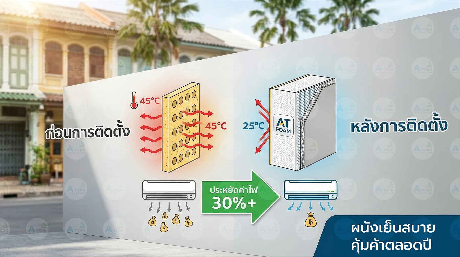 การเปรียบเทียบอุณหภูมิผนังก่อนและหลังติดตั้งฉนวน EPS Foam เอทีโฟม ลดความร้อนได้ชัดเจน